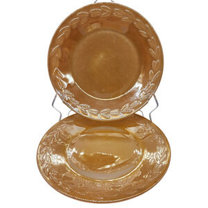 2 Vintage Fire King Plates Luster Ware Peach 9” Laurel Leaf Anchor Hocking USA